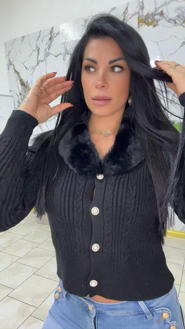 Cardigan con collo pelliccia