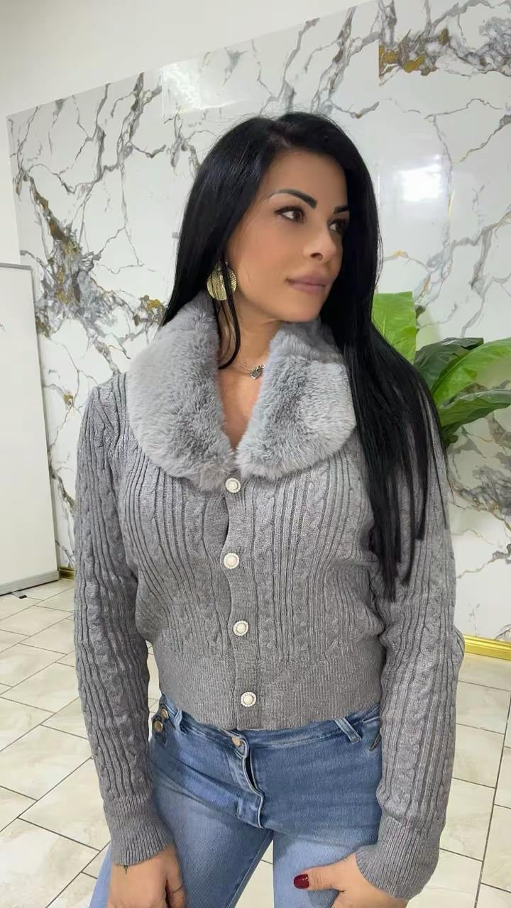 Cardigan con collo pelliccia